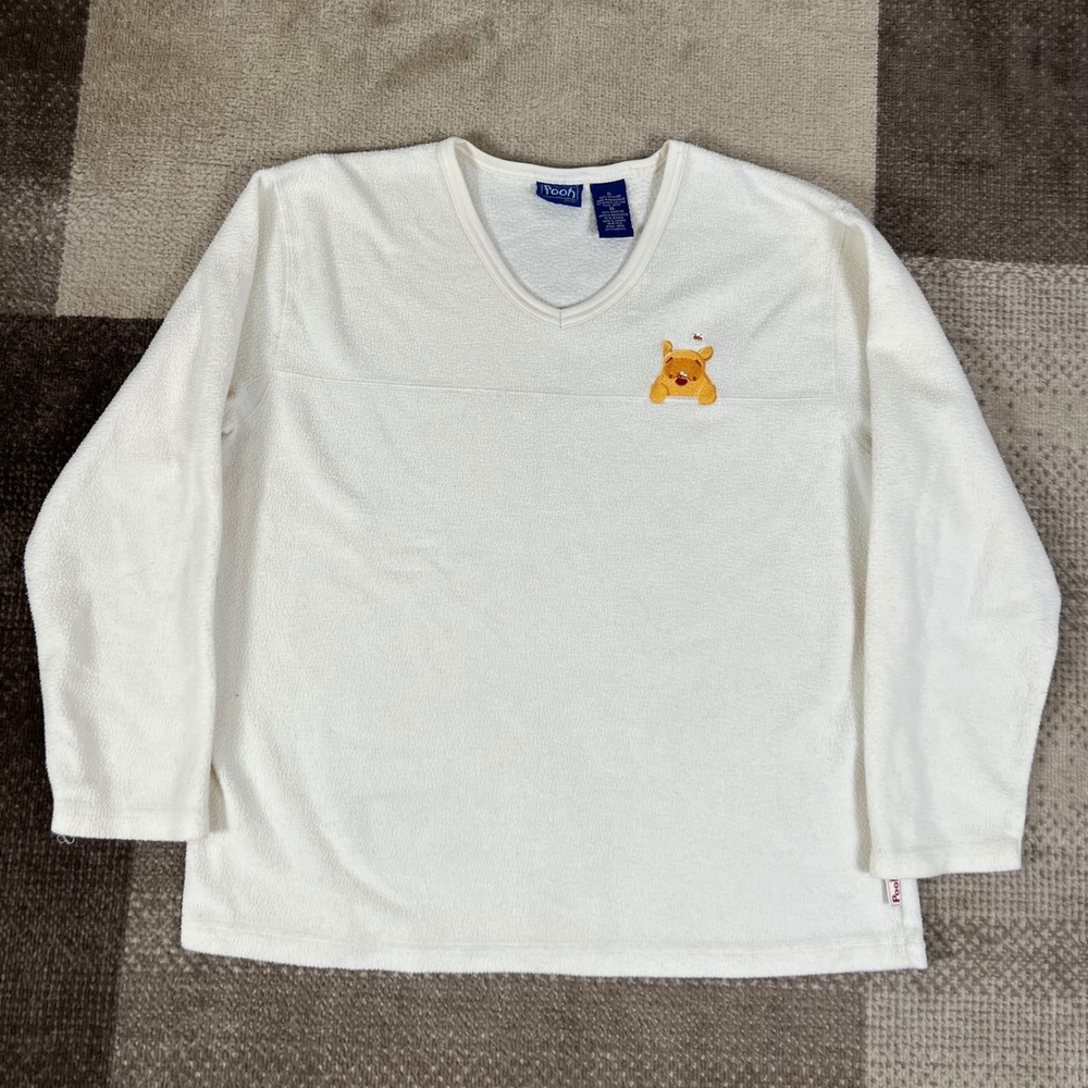 Vintage Disney Pooh Women XL White Fleece V-Neck Long Sleeve Pullover Sweatshirt
